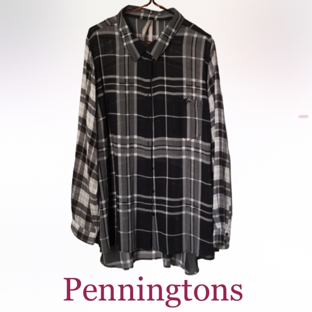 4X Flowy Sheer Plaid Button Down Tunic, Penningtons